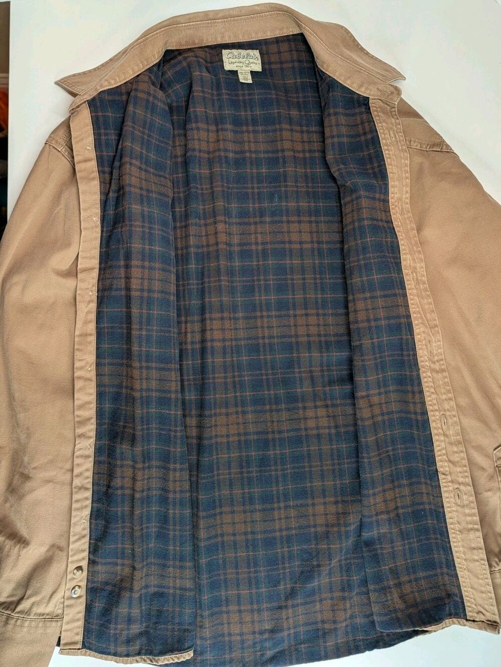 Vintage Cabelas Mens 2XL Flannel Lined Shirt Jacket Khaki Plaid Shacket